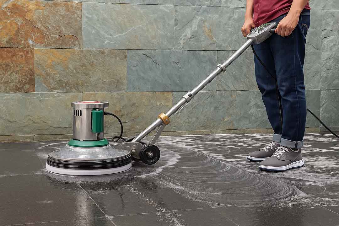 Person operating an industrial floor scrubber machine