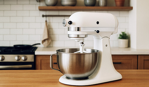 Electric household stand mixer blending ingredients in a kitchen setting